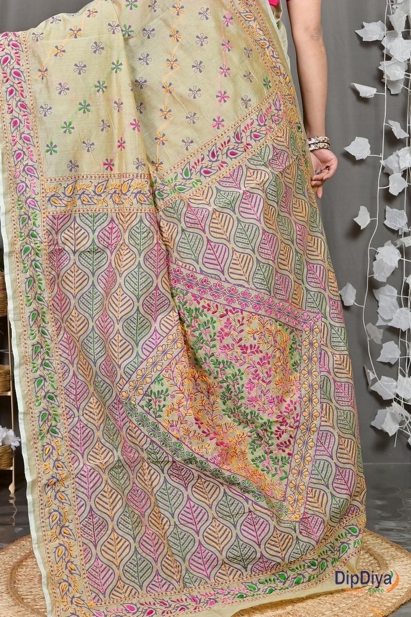 Off-White Cotton Varitikath Kantha Stitch Saree (597)